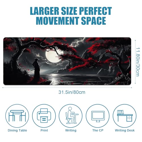 Large Gaming Mouse Pad, Japanese Samurai Desk Mat, XL Extended Big Mousepad with Non-Slip Rubber Base, Keyboard Computer Mat for Gamers, Office &Home, 31.5x11.8in, Red Maple - color: Samurai1