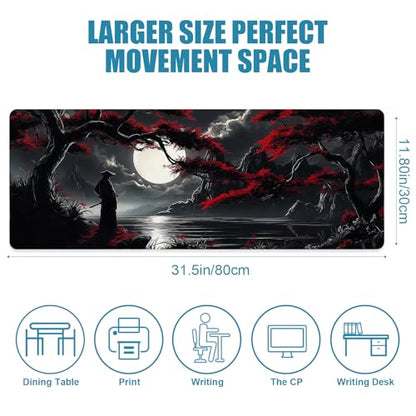 Large Gaming Mouse Pad, Japanese Samurai Desk Mat, XL Extended Big Mousepad with Non-Slip Rubber Base, Keyboard Computer Mat for Gamers, Office &Home, 31.5x11.8in, Red Maple - color: Samurai1