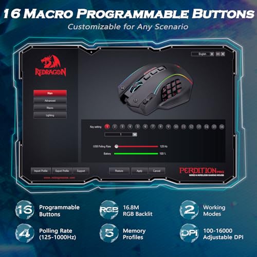 Redragon Wireless Gaming Mouse, MMO Gaming Mouse UP 16,000 DPI, 16 Macro Programmable Buttons, RGB Rechargeable Mouse with 12 Side Buttons, 70Hrs for PC Laptop MOBA FPS, White,M901P-WS - color: white