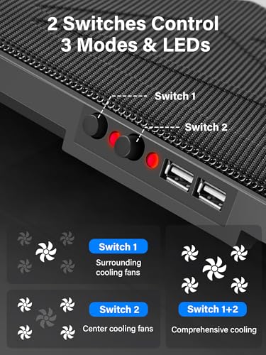 Kootek Laptop Cooling Pad Cooler Stand with 5 Quiet Fans for 12"-17" Laptop | 5 Fans, USB Powered, Laptop Cooling Stand with 2 USB Hub, 6 Adjustable Height, 360° Cooling Coverage, Anti-Slip, Red LED - color: Red
