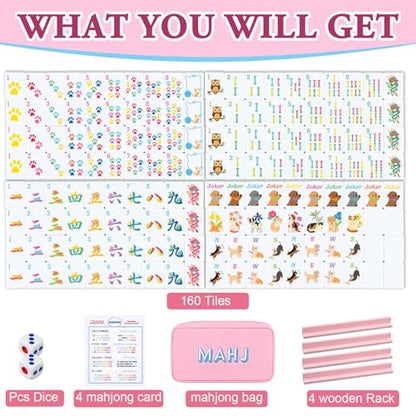 Soulchen Mini American Mahjong Tile Set Include 160 0.8 Inch Mahjong Tiles 2 Dice 4 Wooden Rulers 1 Accessory Bag 4 Beginner Rule Cards(Dog and Cat) - style: Dog and Cat