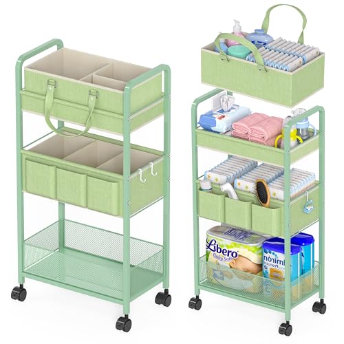 2in1 Baby Diaper Caddy Organizer Cart, 3-Tier Rolling Cart, Metal Diaper Caddy Carts, Bedside Carts for Nursery Essentials Storage, Detachable Dividers, Large Capacity, Green - color: Green