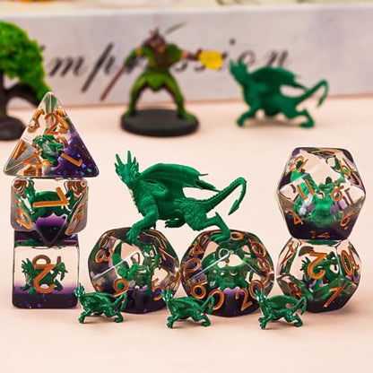 Resin D&D Dice Set, Dragon Polyhedral Dice for Dungeons and Dragons, RPG, MTG DND 7-DIE (D4, D6, D8, D10, D12, D20, D%) for Ages 15 and Up - color: Green Dragon