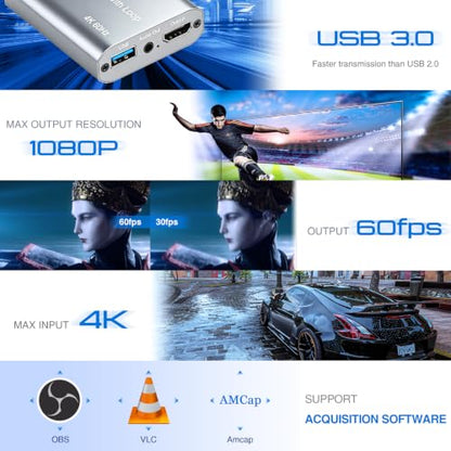 USB 3.0 HDMI Capture Card with 4K60 Input and Loop-Out, 1080P60 Ultra-Low Latency Game Capture for Streaming, Plug & Play with Mic/Audio Input, Compatible with PS5/Xbox/Switch/PC/OBS - color: UCH703 USB 3.0 4K HDMI Capture Card With Loopout