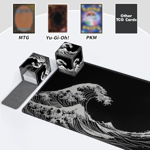 BVDIKMI Card Deck Box for Trading Cards, Card Storage Box Fits 100+ Single Sleeved Cards, PU Leather Strong Magnet Card Deck Case Holder for Magic Commander TCG CCG, Japanese Sea Wave - color: Japanese Sea Wave