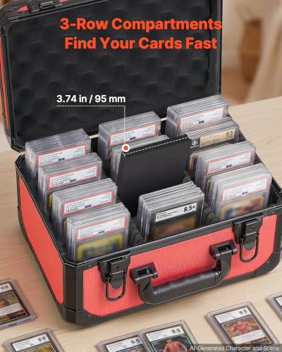 VEVOR Graded Card Case 3 Row 96 PSA Slab Storage Box with Secure Lock, Baseball Sports Trading Cards Holder Collector with 12 Dividers, Key, Holds 76 SGC 68 BGS 348 Top Loaders and 999+ Loose Cards