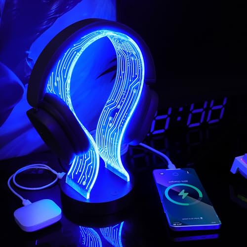 Lampeez Light Up Headphone Stand, Acrylic Desk Accessory Headset Holder with PCB Pattern and 16 Color LED Lights, 1 USB and 1 Type-C Charging Ports, for Gamers Music Lovers Boys Men