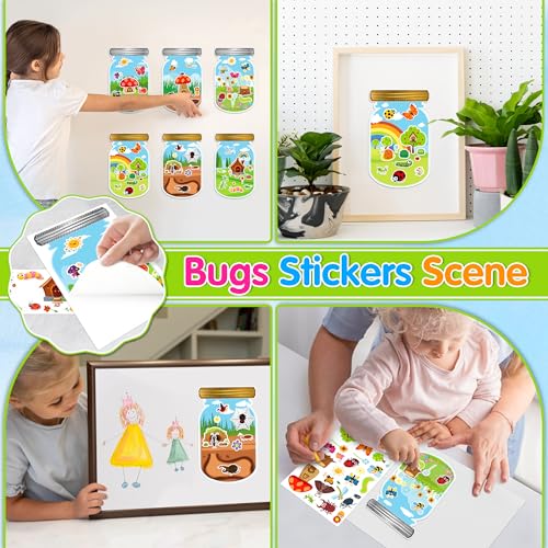 24 Sheets Insect Stickers with Jar Scenes, Make Your Own Bug Jar Stickers, Spring Crafts Activities for Kids Spring Party Decorations Supplies for Kids - style: Bugs Jar 24 Sheets