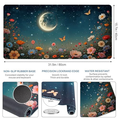 Vimorco Waterproof Mouse Pad,31.5 x 15.7 inch,Black Moon Flowers Desk Pad | XXL Large Mouse Extended Gaming Mousepad with Anti-Slip Rubber Base,Computer Laptop Keyboard Mouse Mat for Work,Game,Office - color: Black Moon Flowers
