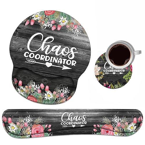 Keyboard Wrist Rest + Mouse Pad Wrist Support Set with Coasters, Chaos Coordinator Quotes Colored Floral Wreath Print Wrist Mouse Pad with Non-Slip PU Base for Home Office Working Studying - color: Chaos Coordinator Quotes Colored Floral Wreath Print