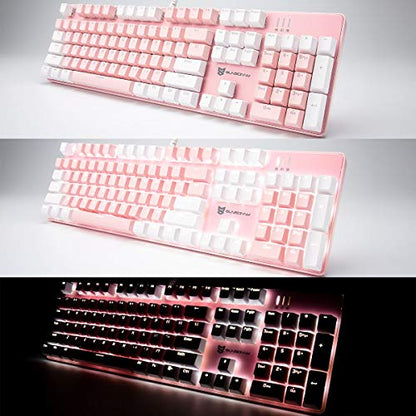 Merdia 104 Keys Full Size Mechanical Keyboard | Blue Switch, Pink & White Color 104 Keys US Layout Led Backlit Hot Swappable Wired Mechanical Light Up Pink Keyboard | Wired Gaming Computer Keyboards - color: Blue Switch Pink & White