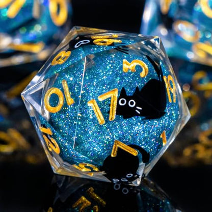 Roycevon Resin DND Dice Set with Gift Box, 7Pcs Liquid Core Cat D&D Dice, Cute Dungeons Dragons D and D Dice, Sharp Edge Role Playing Game Dice D20 D12 D10 D8 D6 D4, Blue Gold - color: Blue Gold
