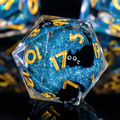 Roycevon Resin DND Dice Set with Gift Box, 7Pcs Liquid Core Cat D&D Dice, Cute Dungeons Dragons D and D Dice, Sharp Edge Role Playing Game Dice D20 D12 D10 D8 D6 D4, Blue Gold - color: Blue Gold