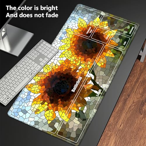 MTG Playmat with Zones, TCG Card Game Play Mat with Stitched Edges, Non-Slip Rubber Base Gaming Desk Mat, Smooth Surface 24 x 14 Inch, Mosaic Sunflowers - color: Mosaic Sunflowers, size: Zone 1