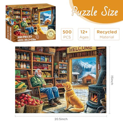 500 Pieces Puzzle for Adults, Country Shop Puzzle for Adult, Elder Man and Golden Dog Jigsaw Puzzle 500 Pieces, Fun and Challenging Family Game Great Gift Idea, 20.5 * 15 in - style: Country Shop