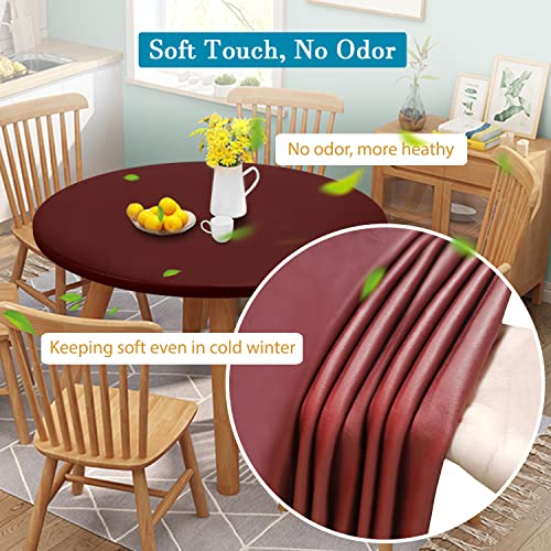 Double Design PU Round Tablecloth, Anti-Tear Wipeable Elastic Round Tablecloth, Soft-Touch Fitted Table Cloth, Waterproof Oil-Proof Table Cover (Burgundy, 49"-52" Round) - color: Burgundy, size: 51" (Round)
