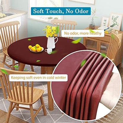Double Design PU Round Tablecloth, Anti-Tear Wipeable Elastic Round Tablecloth, Soft-Touch Fitted Table Cloth, Waterproof Oil-Proof Table Cover (Burgundy, 49"-52" Round) - color: Burgundy, size: 51" (Round)