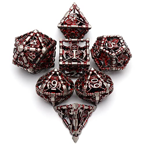 DND Dice Set, 7-Piece Hollow Grim Reaper Metal Dice,Blood | Lightweight copper hollow dice with easy-to-read engraved numbers, gift box and velvet bag for DND players and collectors. - color: Grim Reaper Blood