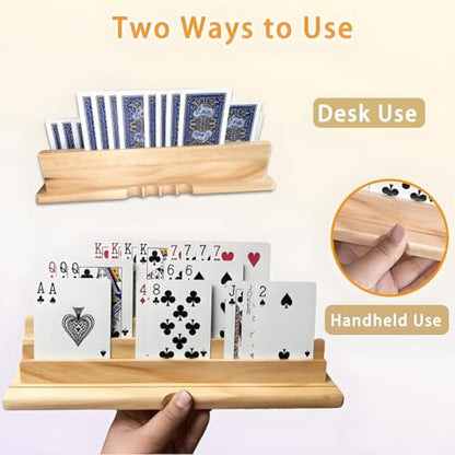 2PCS Card Holder Playing Cards 4-Slot Wooden Card Holder Playing Cards with Storage Bag Wooden Card Holders for Playing Card for Canasta and Bridge, Hands-Free Playing Card Holders for Adults, Kids, Seniors