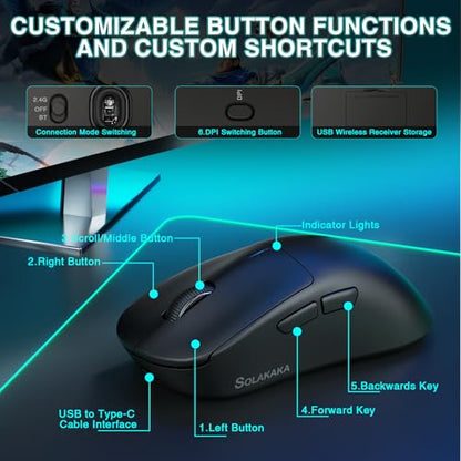 SOLAKAKA SM850 Gaming Mouse Wireless, 24000 DPI, 55g Lightweight Mouse Gaming, 6 Programmable Buttons, Ergonomic Computer Mouse, Tri-Mode BT5.1/2.4G/USB-C 250h Battery Life PC Gamer Mice for Laptop - color: Black, style: NO-RGB SM850