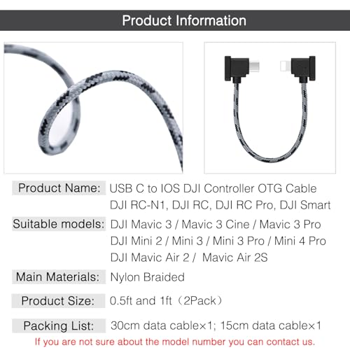 1FT+0.5FT(2 pack) USB C to IOS Remote Controller Cable for DJI Mavic 3, Mini 4 Pro, Mini 2/3 Pro, Air 2S, Mavic Air 2, RC-N1, DJI Drone to Phone 14/13/ Tablet Cable 90 Degree OTG Data Cord Accessories - style: USB C to IOS