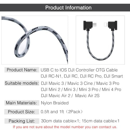 1FT+0.5FT(2 pack) USB C to IOS Remote Controller Cable for DJI Mavic 3, Mini 4 Pro, Mini 2/3 Pro, Air 2S, Mavic Air 2, RC-N1, DJI Drone to Phone 14/13/ Tablet Cable 90 Degree OTG Data Cord Accessories - style: USB C to IOS