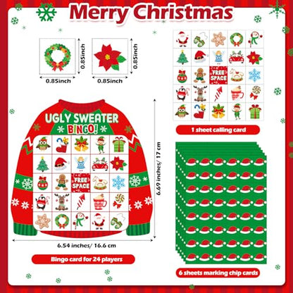 Blosssound Christmas Bingo Game for Kids & Adults, 24 Players Ugly Sweater Holiday Party Game Cards Set, Family Xmas Activities, Classroom & Office Party Supplies - style: Christmas