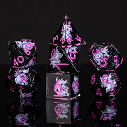 Dragon Pattern Double Layered Starry Sky Black Resin DND Dice Set, d4 d6 d8 10 d12 d20 7Pcs Sharp Edge D&D Dice for RPG MTG D and D Role Playing Desktop Games - color: Pink