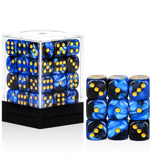 36 of Pack 12MM 6 Sided MINI Dice Set,Two Colours D6 Game Dice Set, 6 Sided Standard Dices for Yahtzee, Bunco or Teaching Math,with Portable Plastic Box(Blue Black) - color: Blue Black Swirl