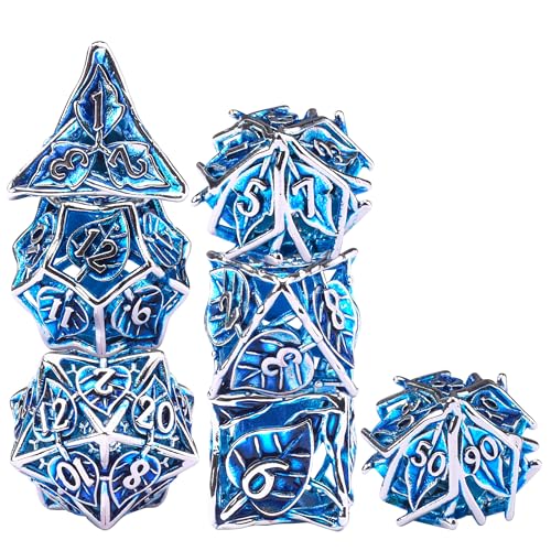AUSTOR Metal DND Dice Set 7 Pieces Leaf DND Dice Hollow Polyhedral Dice D20 D12 D10 D% D8 D6 D4 Metal Dice with Metal Box for Dungeons & Dragons RPG Board Games (Blue & Silver) - color: Blue & Silver