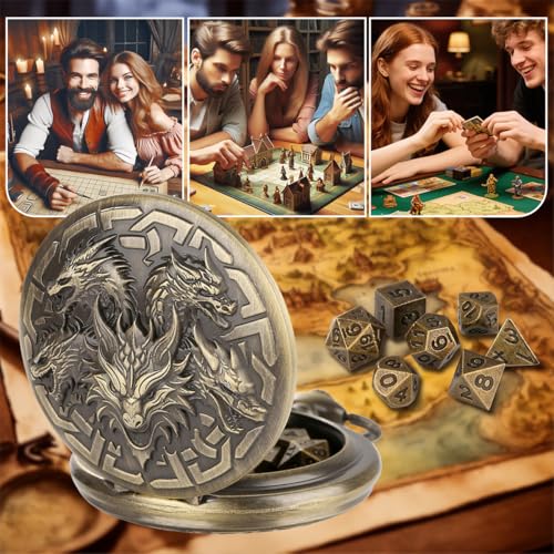 5 Dragon Heads Pocket Watch Case with 7pcs Polyhedral Tiny Metal Dice Kit, Mini DND Dice Set, D&D Starter Set, Role Playing Game Accessories, D&D Gifts with Gift Bag, Dragon Gifts - color: 5 Dragon Heads