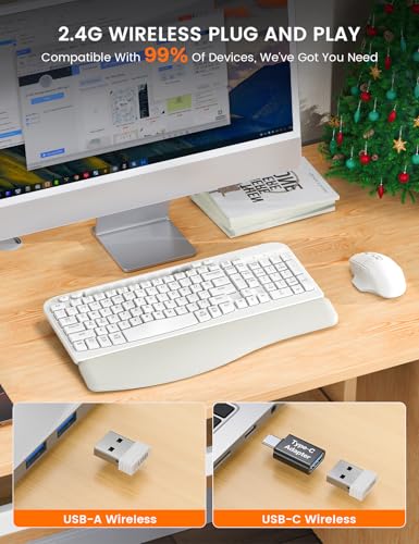 Wireless Keyboard and Mouse Combo with Ergonomic Wave Key | Leather Soft Palm Rest, Rechargeable, 4-Level DPI, Phone Holder, 2.4GHz, MA22 Plus Full Size Set for PC, Laptop, Windows, Mac - color: Cloudy White