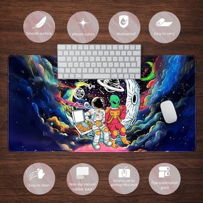 Funny Space Mouse Pad Desk Mat Astronaut Alien Large Gaming Mouse Pads Anime Desk Pad Mousepad XXL Cool Trippy Universe Extended Keyboard Mat with Stitched Edges Anti-Slip, 31.5 X 15.8 in - color: Blue Nebula