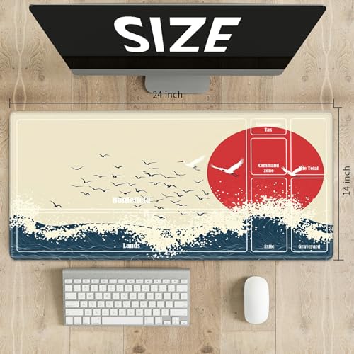MTG Playmat with Zones, TCG Card Game Play Mat with Stitched Edges, Non-Slip Rubber Base Gaming Desk Mat, Smooth Surface 24 x 14 Inch, Janpanese Sun Sea - color: Janpanese Sun Sea, size: Zone 1