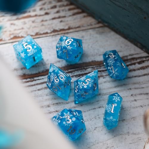 Christmas Blue Snowflake Resin DND Dice Set | 7 Pcs Polyhedral RPG Dice Set with Box | Hand Carved Resin RPG Dice for Dungeons & Dragons, Pathfinder, Tabletop Games