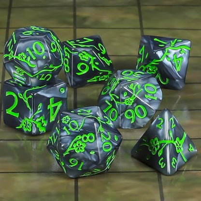 CiaraQ 7pcs Polyhedral Dice Set for Dungeon and Dragons MTG Table Games | Acrylic Role Playing Dice for D&D with Black Velvet Bag – Black Pearl with Green Numbers & Plum Blossom Patterns - color: Black and Green Floral Dice