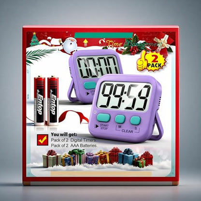 2 Pack Digital Timer for Kids Classroom Kitchen Timers for Cooking | w/ Battery, Easy to View, Alarm, Mute Mode, Count Down/Up, Magnetic, Kickstand, Hanging, Classroom Timer for Teacher Supplies - color: Fresh Purple