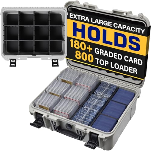 Trading Card Storage Box, Extra Large PSA Slab Case, Waterproof Carry Case | Graded Card Case with 8 Adjustable Dividers; Fits All PSA, BGS, SGC, CGC and CSG Slabs, Top Loaders and Magnetic Card Holders - color: Extra-Large Capacity / Grey