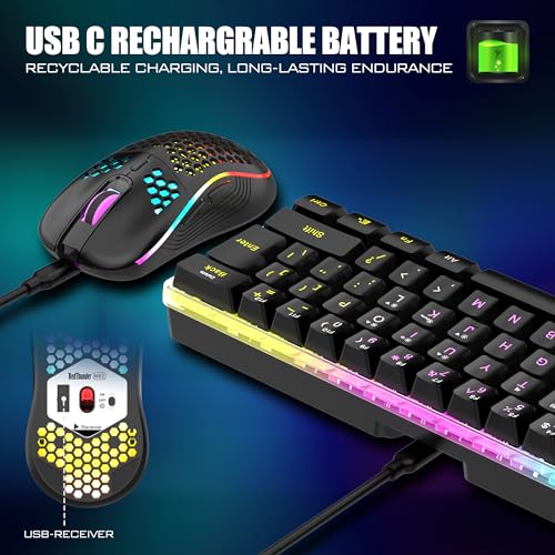 RedThunder 60% Wireless Gaming Keyboard and Mouse Combo, 2500mAh Rechargeable Battery, Ultra-Compact Small RGB Mechanical Feel Keyboard, Lightweight Honeycomb Optical Mouse for Gaming/Business, Black - style: 02 Black Wireless Combo