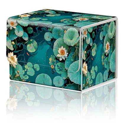 Card Game Storage Box TCG Deck Box MTG Card Box Organizer Trading Card Case Commander Deck Box TCG Card Storage Box Magnetic Closure Creative Pattern Up to 200 Cards, Green Pond Lotus Leaves - color: Green Pond Lotus Leaves