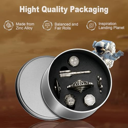 Unique Pioneer Dice Zinc Alloy Metal Dice Set 7pcs DND Dice Mars Planet Theme Polyhedral RPG Dice Set for Dungeons and Dragons Tabletop GamingRocket and UFO Design (Silvery) - color: Silvery
