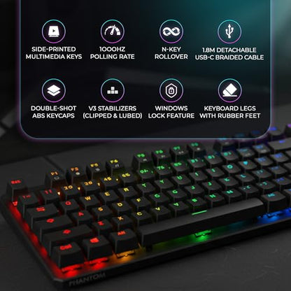 TECWARE Phantom+ 87 Mechanical Gaming Keyboard | RGB LED Backlit | Hot Swappable Wraith Red Switches | 87 Key TKL Layout | Thocky Sound Profile | Detachable USB-C Wired | Black - color: Red Switch