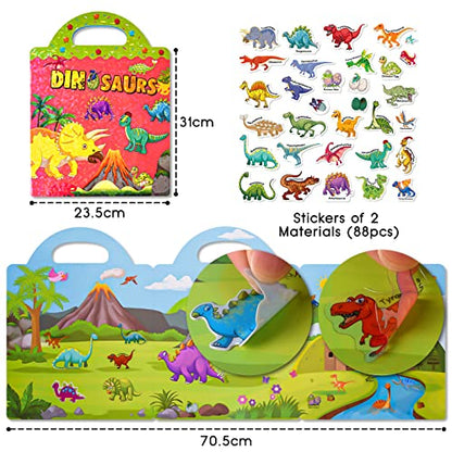 ASTARON Reusable Sticker Book for Toddlers, 88 Pcs Dinosaur Stickers Road Trip Activities Car Airplane Activities Travel Toys for Kids, Kids Quiet Time Activities (2-6 Age) - style: Dinosaurs