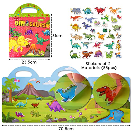 ASTARON Reusable Sticker Book for Toddlers, 88 Pcs Dinosaur Stickers Road Trip Activities Car Airplane Activities Travel Toys for Kids, Kids Quiet Time Activities (2-6 Age) - style: Dinosaurs