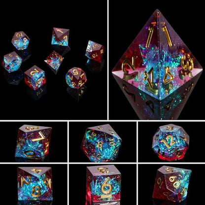 7PCS DND Dice Set,Handmade Sharp Edge Dice Set D&D RPG Polyhedral Die,for Dungeons and Dragons TTRPG Games Roleplaying Games Pathfinder,with Gift Box(Blue with Red) - color: Starry Sky(blue With Red)