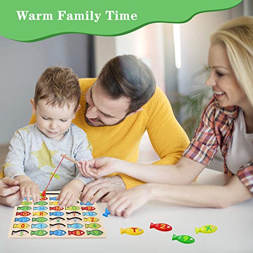 Magnetic Wooden Fishing Game Toy for Toddlers, Alphabet Fish Catching Counting Games Puzzle with Numbers and Letters, Preschool Learning ABC Math Educational Toys 3 4 5 Years Old Girl Boy Kids - color: Multicolor