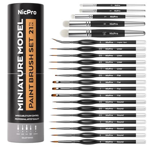 Nicpro Miniature Paint Brushes Drybrush - 21PCS Model Paint Brush Set | for Acrylic Oil Watercolor, Detail Paint Brush Dry Brush for Model, Miniature Painting, Paint by Numbers - with Container - style: 21 Pack (Detail+Drybrush)