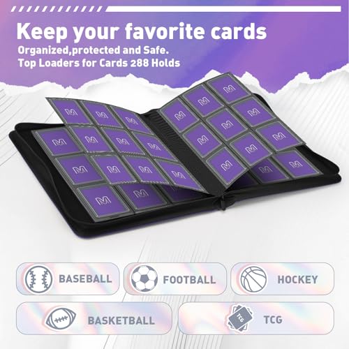 Toploader Binder, 9-Pocket 288 Cards Holder for 3"x4" Rigid Card Sleeves | Top Loader Binder with Sleeves Trading Card Binder for TCG,Sport Cards, PU Leather Cover, Side Loading (9 Purple) - color: 9Purple6