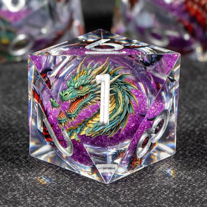 KERWELLSI Liquid Core Dragons Pattern Dice, Resin DND Dice Set with Gift Box, Purple Sharp Edged Dungeons D&D Dice, Role Playing Game Dice D20 D12 D10 D8 D6 D4 - color: Purple