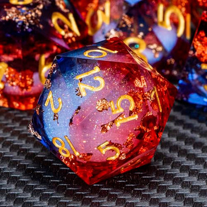 ARUOHHA Liquid Core DND Dice Set, 7pcs Resin Sharp Edged Dragons Dice Compatible with D&D Role Playing Games, RPG Golden Numbers Blue Red Dungeons Polyhedral D and D Dice with Gift Box D20 D10 D6 - color: Shiny-blue Red